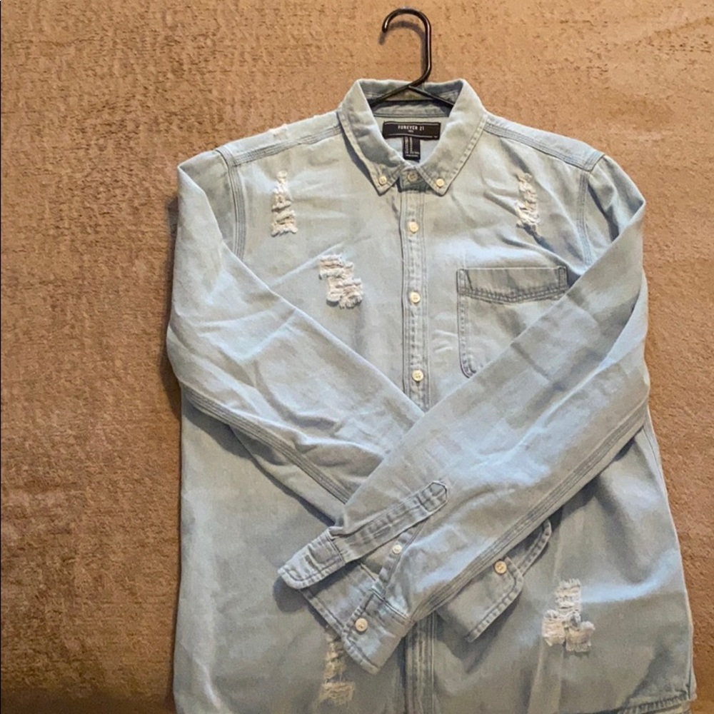Ripped designed jean button down. - Picture 3 of 3
